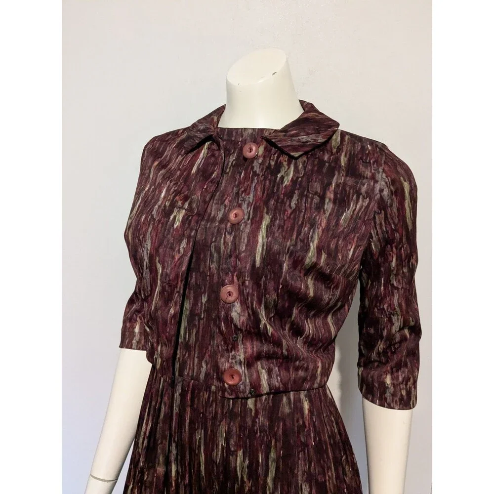 Patty Petite Vintage 50s Dress Set Jacket Fit Flare S B36 Red Flame Pleated